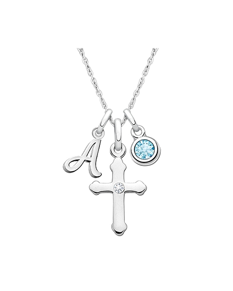 A Child&#039;s Faith, Children&#039;s Personalized Necklace Set for Girls (Includes Cross, Initial, and Birthstone Charms) - Sterling Silver