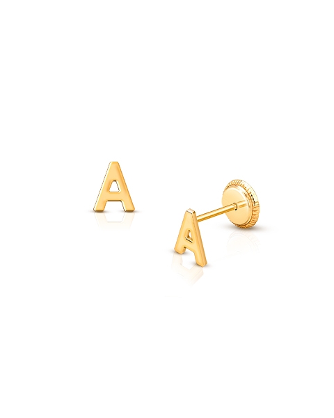‘A’ Initial Studs Personalized Baby/Children’s Earrings, Screw Back - 14K Gold
