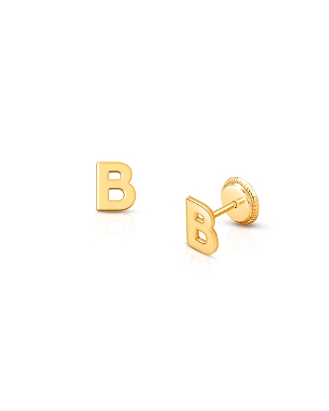 ‘B’ Initial Studs Personalized Baby/Children’s Earrings, Screw Back - 14K Gold