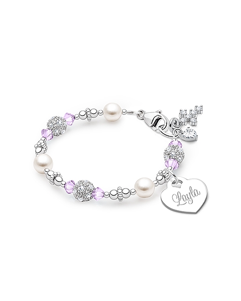 Birthstone, Baby/Children&#039;s Beaded Bracelet for Girls (INCLUDES Engraved Charm, All 12 Birthstones Avail) - Sterling Silver