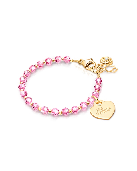 Birthstone Crystal, Baby/Children’s Beaded Bracelet for Girls (Includes Engraved Charm, All 12 Birthstones Avail) - 14K Gold