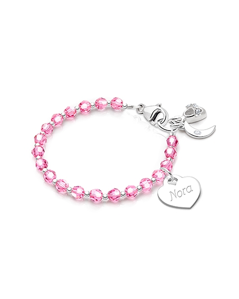Birthstone Crystal, Baby/Children’s Beaded Bracelet for Girls (INCLUDES Engraved Charm, All 12 Birthstones Avail) - Sterling Silver