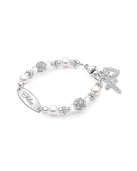 Birthstone Bracelet for Girls Christening/Baptism With Name Engraving