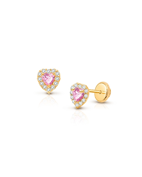 Blissful Heart, Pink/Clear CZ Baby/Children&#039;s Earrings, Screw Back - 14K Gold