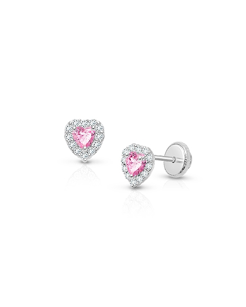 Blissful Heart, Pink/Clear CZ Baby/Children&#039;s Earrings, Screw Back - 14K White Gold