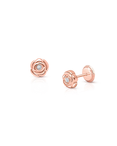 Blushing Rose, Clear CZ Baby/Children&#039;s Earrings, Screw Back - 14K Rose Gold