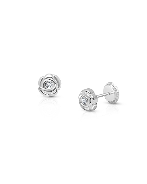 Blushing Rose, Clear CZ Baby/Children&#039;s Earrings, Screw Back - 14K White Gold