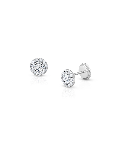 Brilliant Halo, Clear CZ Teen’s Earrings, Screw Back - 14K White Gold