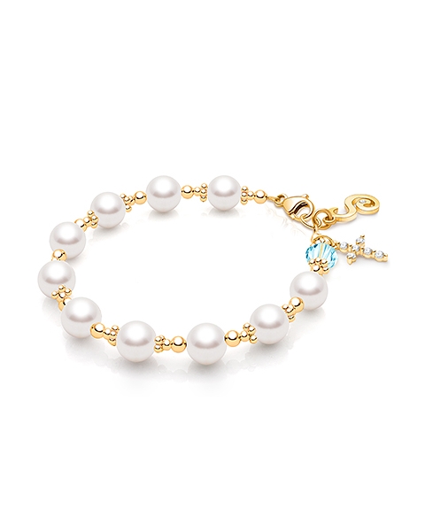 Celestial Pearls Bracelet 14K Solid Gold with Our Father Bead for Girls First Holy Communion