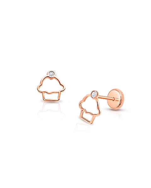Cupcake Cutie, Clear CZ Baby/Children&#039;s Earrings, Screw Back - 14K Rose Gold