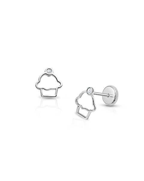 Cupcake Cutie, Clear CZ Baby/Children&#039;s Earrings, Screw Back - 14K White Gold
