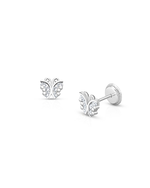 Curly Butterfly, Clear Pavé CZ Baby/Children&#039;s Earrings, Screw Back - 14K White Gold