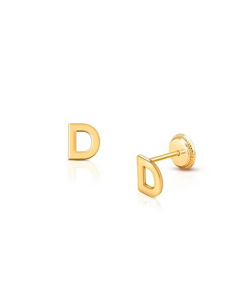 ‘D’ Initial Studs Personalized Baby/Children’s Earrings, Screw Back - 14K Gold