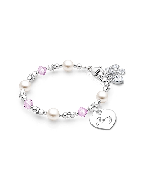 Diamonds &amp; Pearls, Baby/Children&#039;s Beaded Bracelet for Girls (INCLUDES Engraved Charm) - Sterling Silver