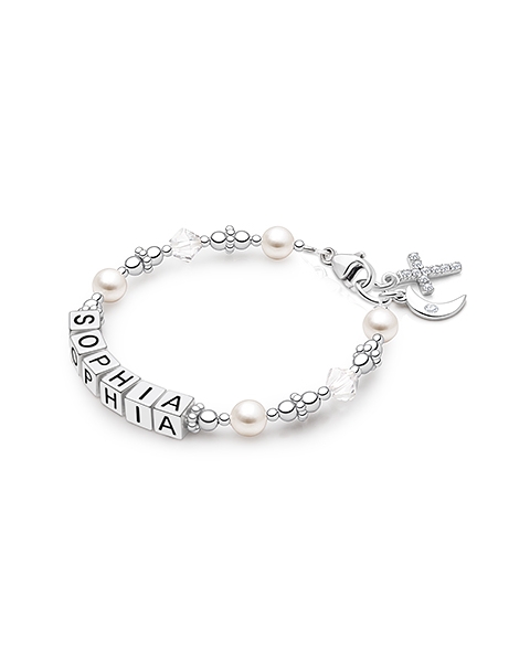 Diamonds and Pearls Bracelet with Religious Cross Charm and Personalized Name Blocks