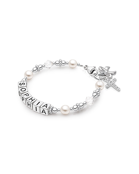 Bracelet for Girls Communion with Pearls and Diamonds and Made Just for Her with Name Spelled in Letter Blocks