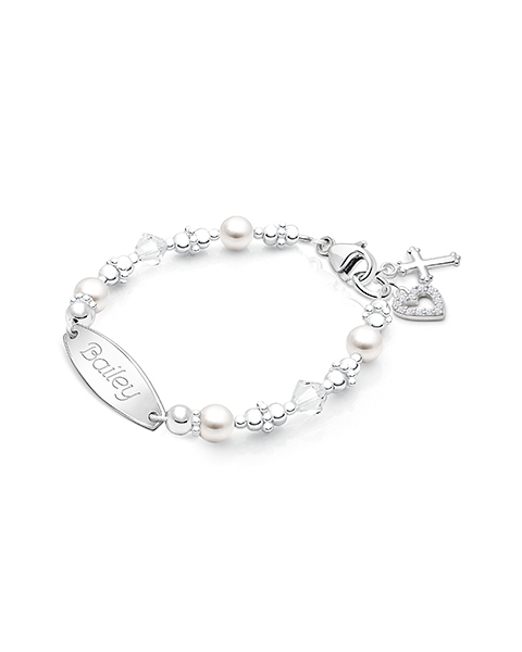 Diamonds and Pearls Bracelet with Religious Cross Charm and Personalized Engraved Name