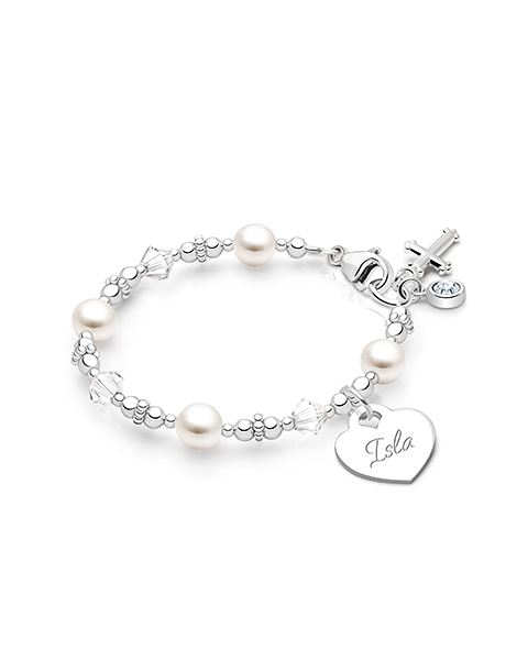 Diamonds and Pearls Bracelet with Religious Cross Charm and Personalized Engraved Heart