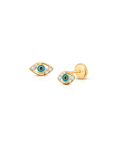 Evil Eye, Clear CZ Baby/Children’s Earrings, Screw Back - 14K Gold