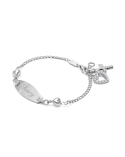 Personalized White Gold Name Bracelet with Hearts for Girls