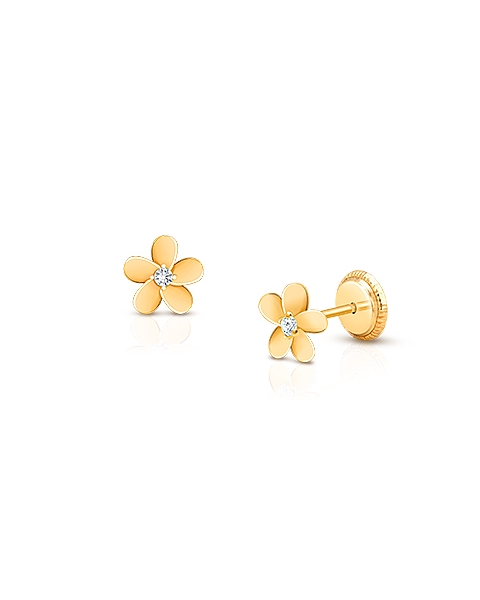 Forget Me Not, Clear CZ Flower Baby/Children’s Earrings, Screw Back - 14K Gold