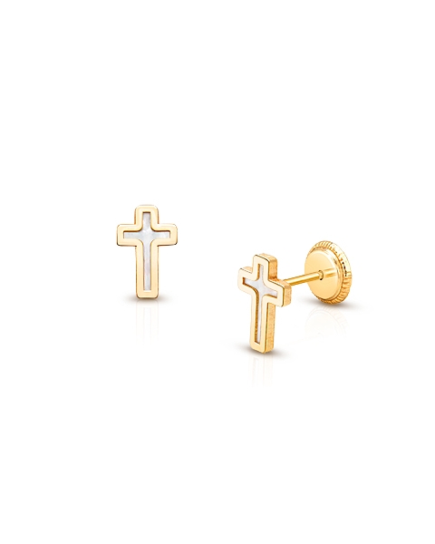 14K Gold Mother of Pearl Cross Earrings for Kids