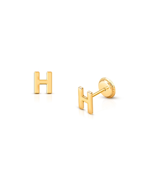 ‘H’ Initial Studs Personalized Baby/Children’s Earrings, Screw Back - 14K Gold