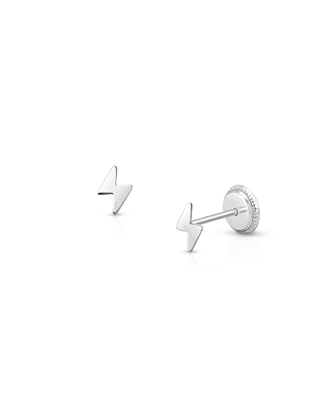 Lightning Bolt, Teen&#039;s Earrings, Screw Back - 14K White Gold