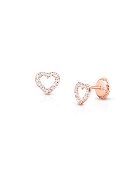 Love of Mine, Clear Pavé CZ Heart, Christening/Baptism Baby/Children&#039;s Earrings, Screw Back - 14K Rose Gold