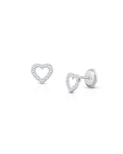 Love of Mine, Clear Pavé CZ Heart, Christening/Baptism Baby/Children&#039;s Earrings, Screw Back - 14K White Gold