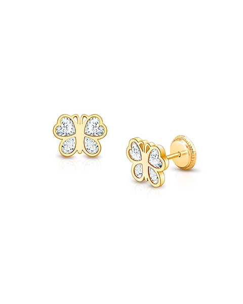 Lovely Butterfly, Clear CZ Baby/Children&#039;s Earrings, Screw Back - 14K Gold