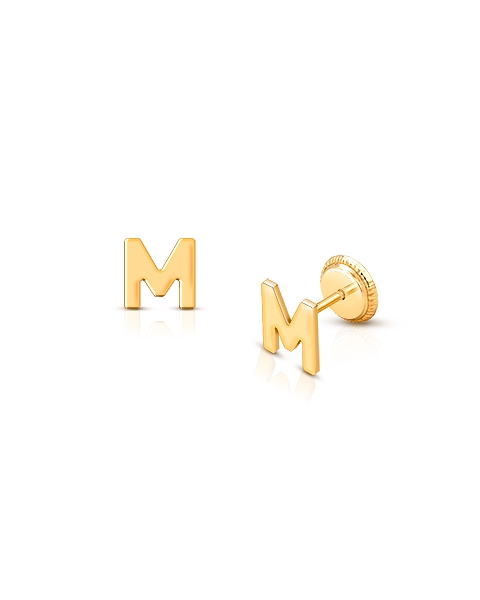 ‘M’ Initial Studs Personalized Baby/Children’s Earrings, Screw Back - 14K Gold
