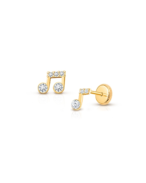 Magical Music Notes, Clear CZ Baby/Children&#039;s Earrings, Screw Back - 14K Gold