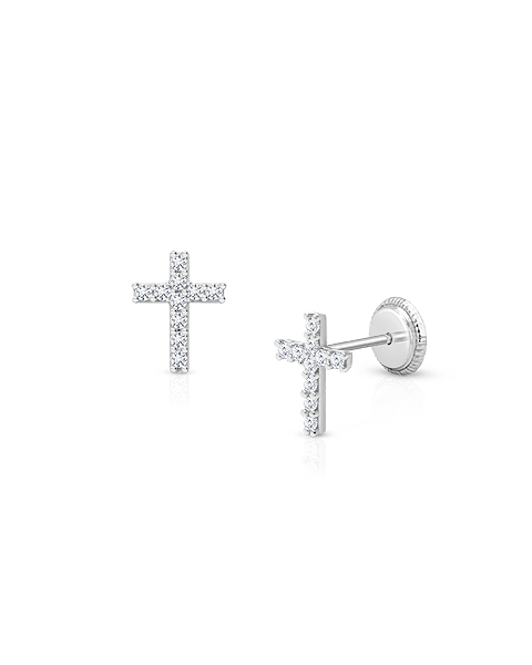 Miraculous Cross, Clear CZ Teen’s Earrings, Screw Back - 14K White Gold