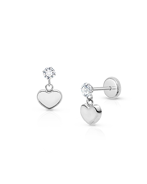 Modern Heart Dangle, Clear CZ First Holy Communion Children&#039;s Earrings, Screw Back - 14K White Gold