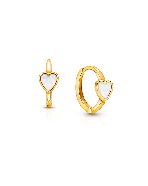 Genuine Heart, Mother of Pearl Baby/Children&#039;s Huggie Hoop Earrings - 14K Gold