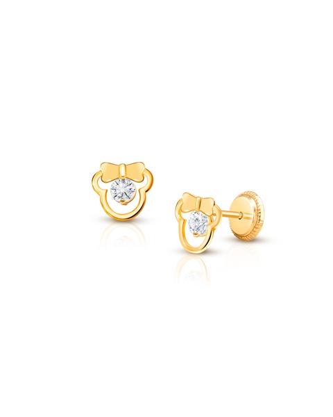 Girl Mouse with Bow, Baby/Children&#039;s Earrings, Screw Back, Clear CZ - 14K Gold
