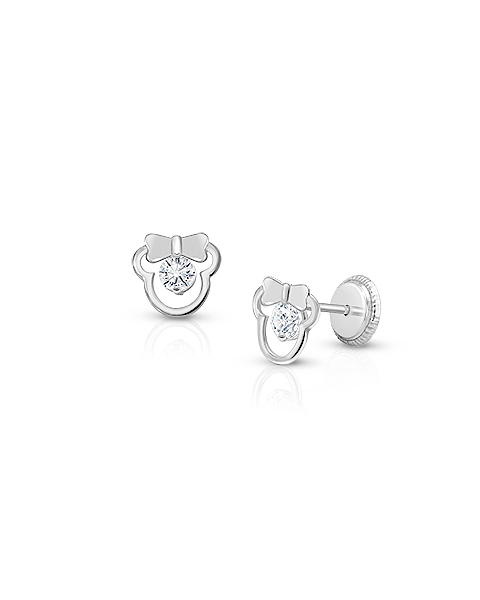 Girl Mouse with Bow, Baby/Children&#039;s Earrings, Screw Back, Clear CZ - 14K White Gold