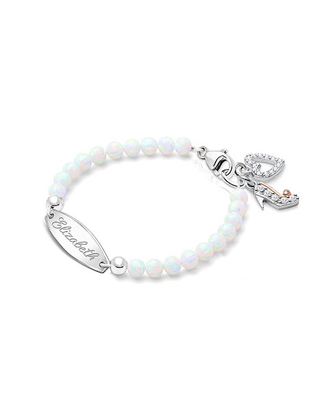 4mm Opals, Lab Created White Opal Baby/Children&#039;s Engraved Bracelet for Girls - Sterling Silver