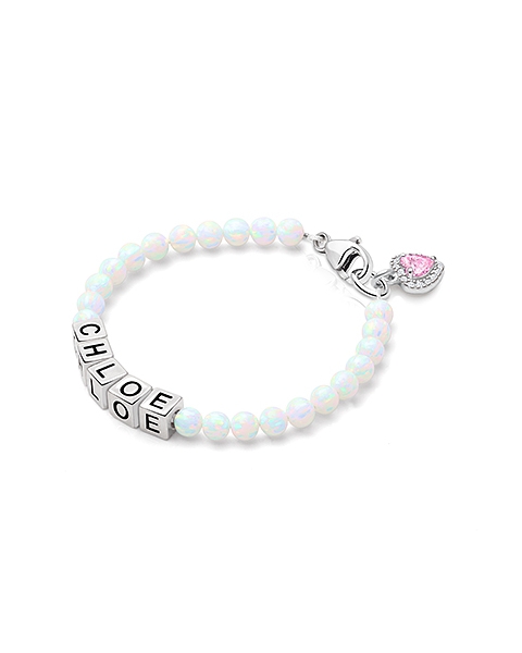 4mm Opals, Lab Created White Opal Baby/Children&#039;s Name Bracelet for Girls - Sterling Silver
