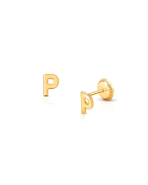 ‘P’ Initial Studs Personalized Baby/Children’s Earrings, Screw Back - 14K Gold