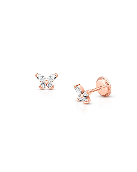 Baby Butterfly, Clear CZ Christening/Baptism Baby/Children&#039;s Earrings, Screw Back - 14K Rose Gold