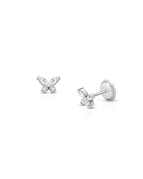 Baby Butterfly, Clear CZ Baby/Children&#039;s Earrings, Screw Back - 14K White Gold