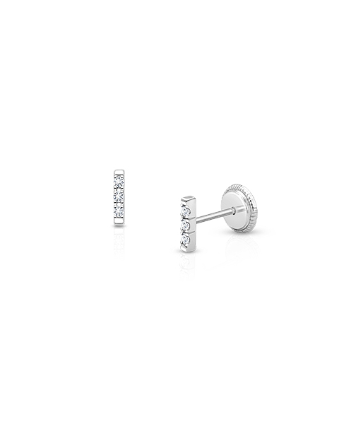 Pavé Bar, Clear CZ Baby/Children’s Earrings, Screw Back - 14K White Gold