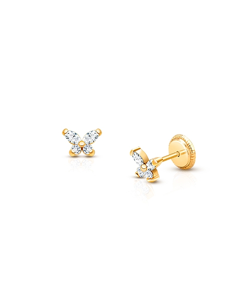 Baby Butterfly, Clear CZ Baby/Children&#039;s Earrings, Screw Back - 14K Gold