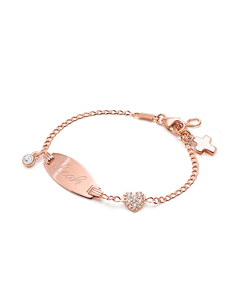Pavé Heart, Christening/Baptism Baby/Children&#039;s Engraved ID Bracelet - 14K Rose Gold