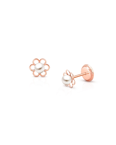 Petals and Pearls, Baby/Children&#039;s Earrings, Screw Back - 14K Rose Gold