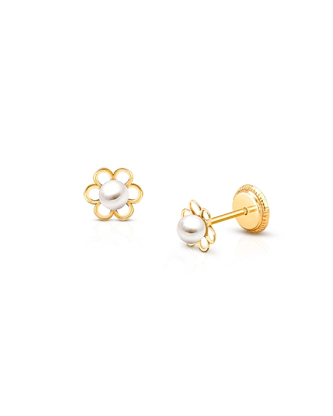 Petals and Pearls, Baby/Children&#039;s Earrings, Screw Back - 14K Gold