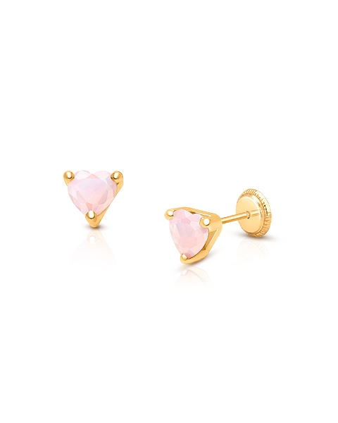 Gia™ Simple Heart Studs, 5mm Pink Opal CZ Baby/Children&#039;s Earrings, Screw Back - 14K Gold
