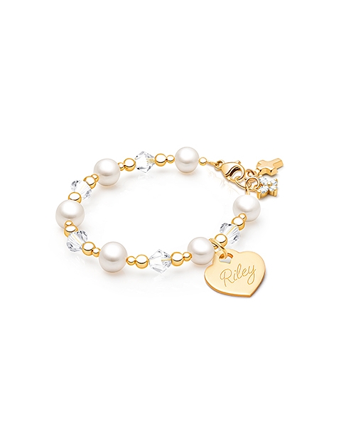 Precious Pearls, Baby/Children&#039;s Beaded Bracelet for Girls (INCLUDES Engraved Charm) - 14K Gold